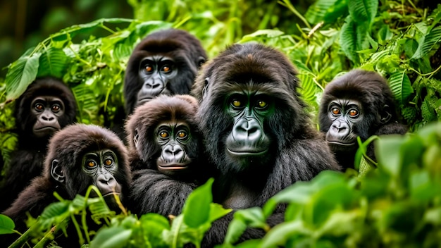 A Mountain Gorilla family in the jungle