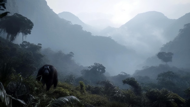 Mountain gorilla wild big black silver back monkey in the forest