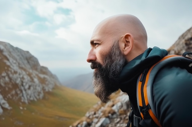 Mountain hiking A bald man with a beard climbs a mountain trail equipped with a backpack