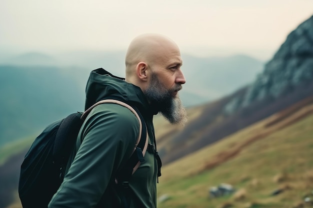 Escursioni in montagna un uomo calvo con la barba si arrampica su un sentiero di montagna attrezzato con uno zaino