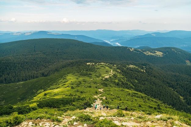 Горный туризм через большой зеленый луг.