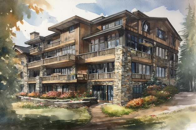 Mountain hotel on lake central lobby area with large glass windows