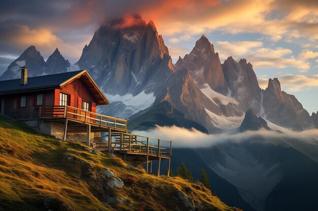 Mountain hut nestled among towering peaks