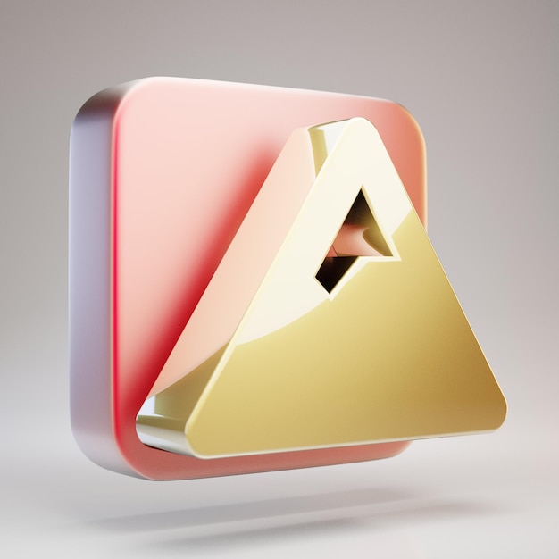 Mountain icon. Golden Mountain symbol on red matte gold plate. 3D rendered Social Media Icon.