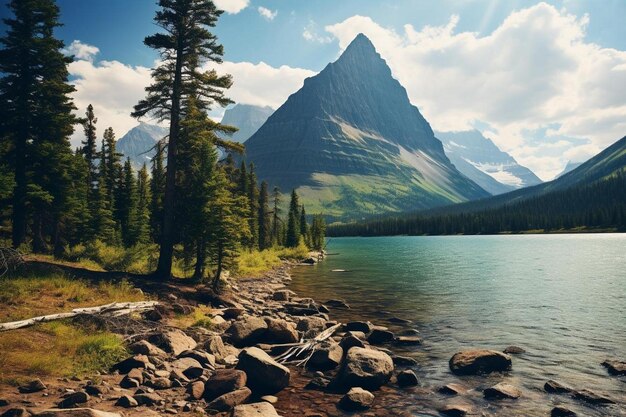 a mountain is in the background with a lake in the foreground