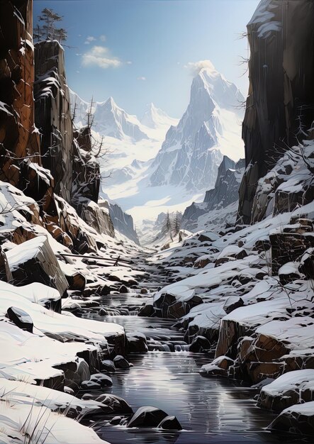 Photo a mountain is covered in snow and has a waterfall in it