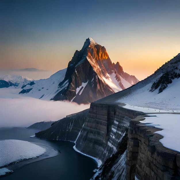 A mountain is covered in snow and the sun is setting.