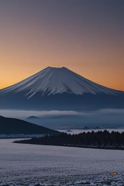 雪が積もっている山の前にある山