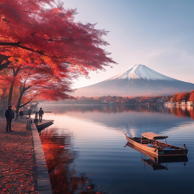 湖の後ろに山があり、そこにボートが入っています。