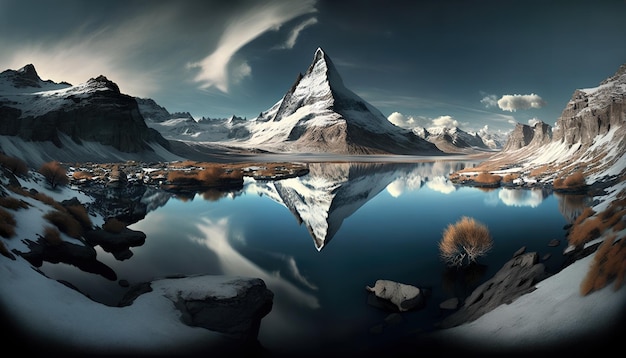 A mountain is reflected in a lake with a cloudy sky.