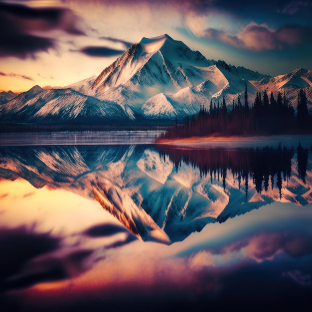 A mountain is reflected in a lake with a cloudy sky.