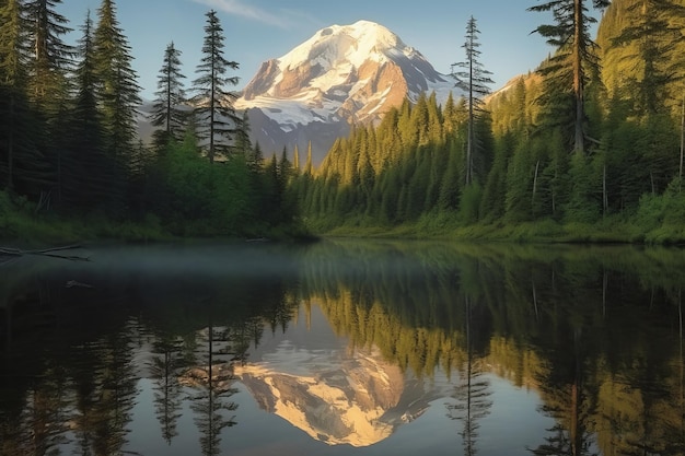 A mountain is reflected in a lake with a forest in the background.