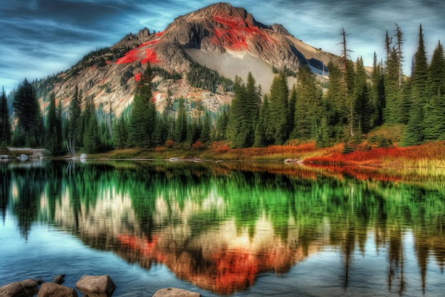 A mountain is reflected in a lake with a green mountain in the background.