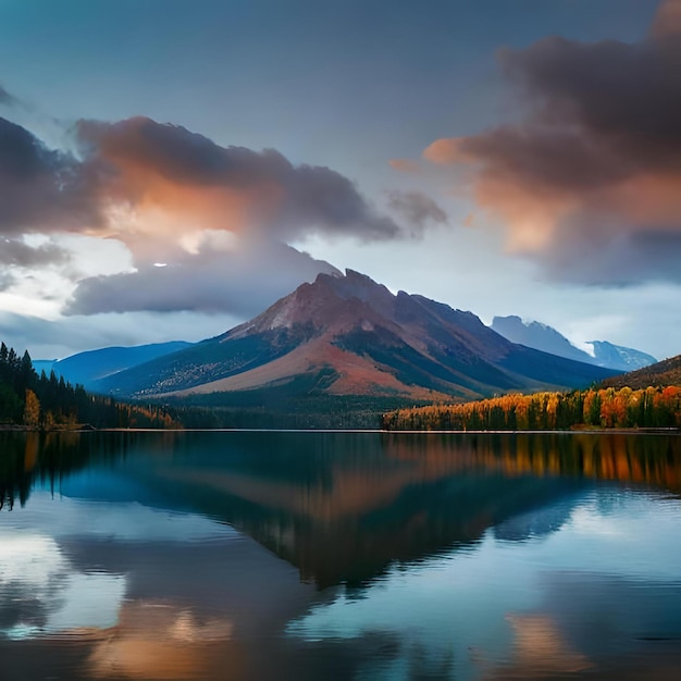 A mountain is reflected in a lake with a mountain in the background.