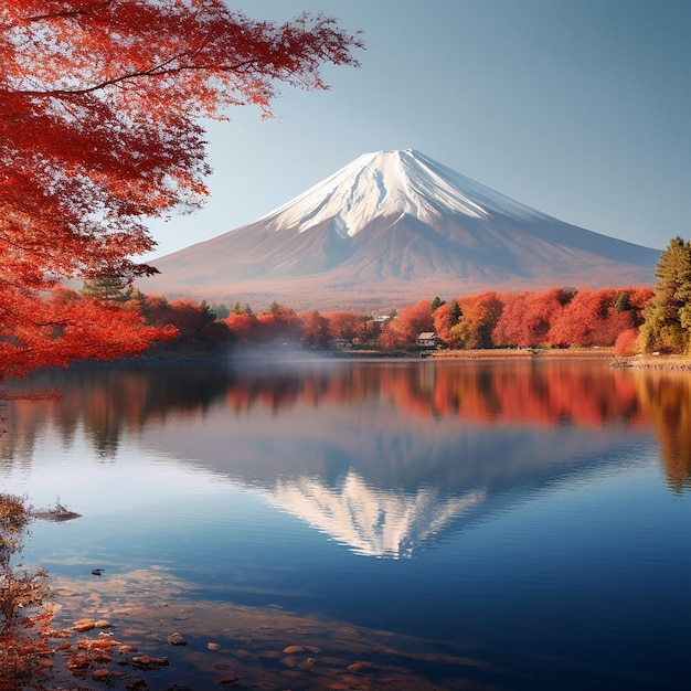 A mountain is reflected in a lake with a reflection of the mountain in the water.