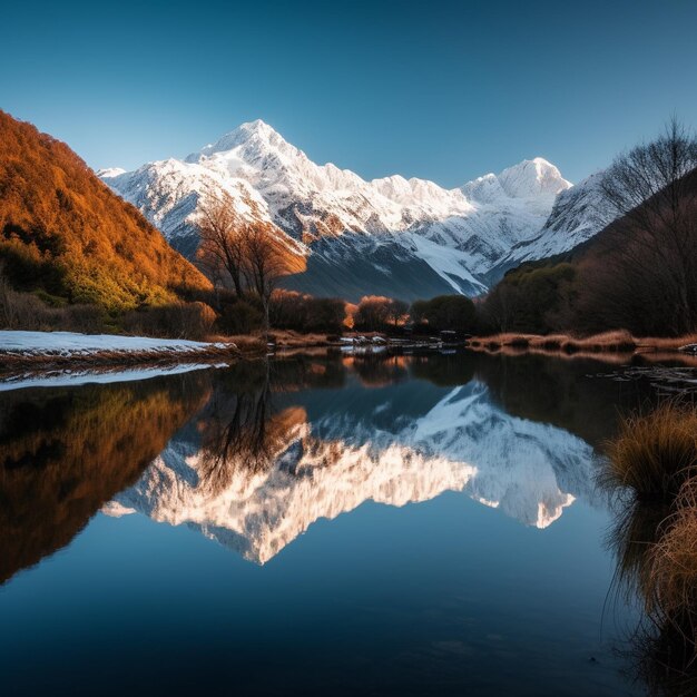 A mountain is reflected in a lake with a reflection of the snow capped mountains in the background.