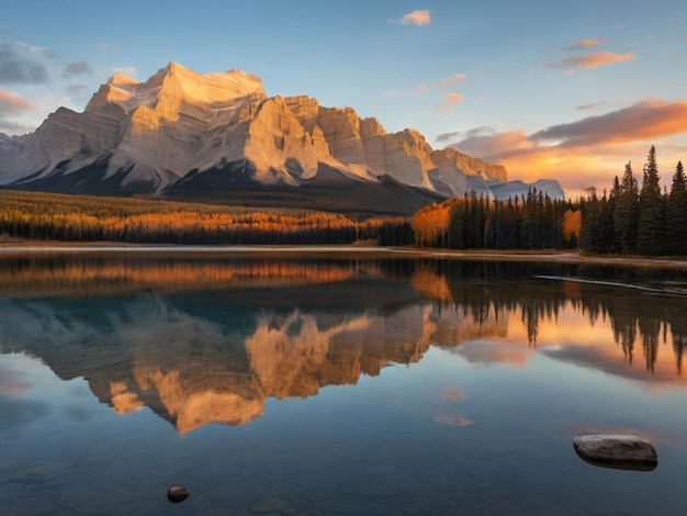 a mountain is reflected in a lake with trees and mountains in the background