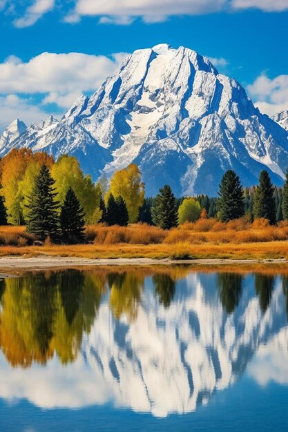 A mountain is reflected in the water of a lake