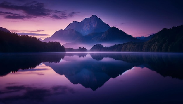 a mountain is reflected in the water with a purple sky