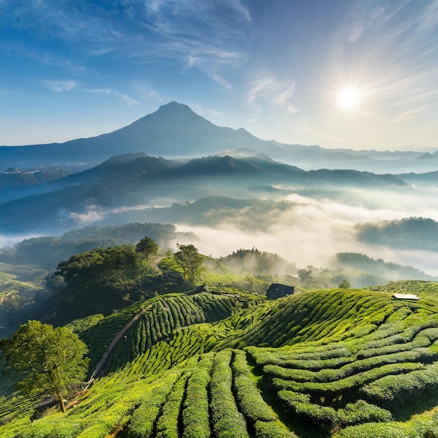 a mountain is seen above a tea plantation