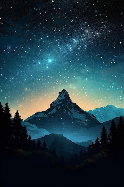 The mountain is the star of the night sky.