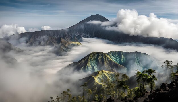 Photo a mountain is surrounded by clouds and mountains