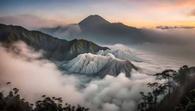 Photo a mountain is surrounded by clouds and mountains