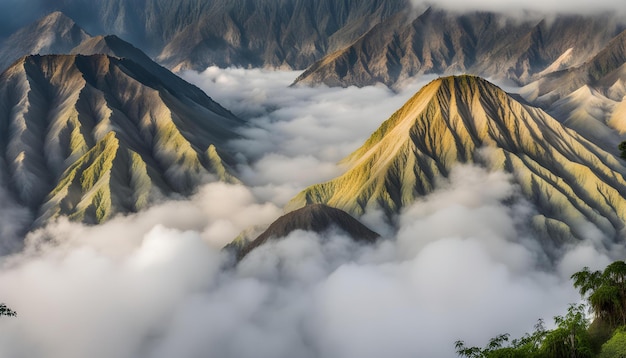 a mountain is surrounded by clouds and mountains