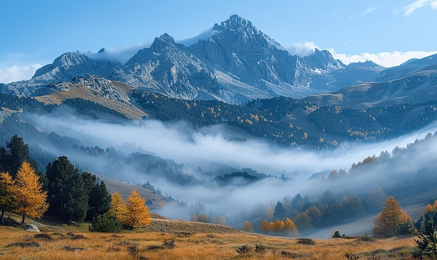 Гора окружена туманом и деревьями.