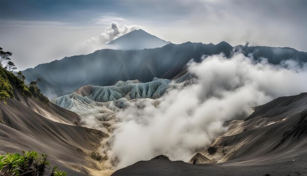 Photo a mountain is surrounded by mountains and clouds