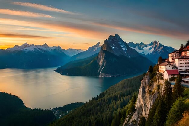 A mountain is surrounded by mountains and a lake