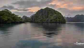 Photo a mountain is in the water with a cloudy sky