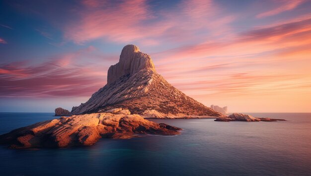 Photo a mountain is in the water with a pink sunset