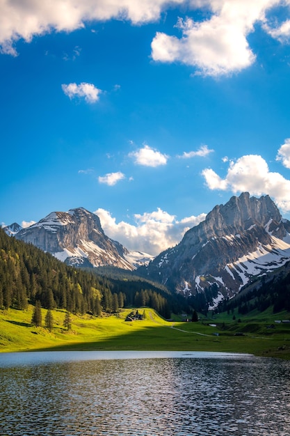 A mountain lake under a blue sky