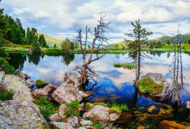 Mountain lake between by mountains.