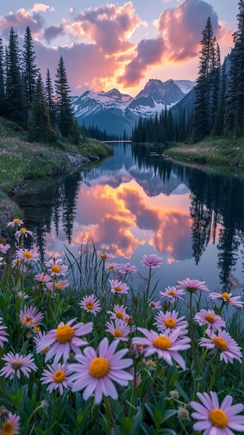 새벽에 산의 호수는 분홍색과 오렌지색 하늘을 반영하고 야생 꽃과 소나무로 둘러싸여 있습니다.