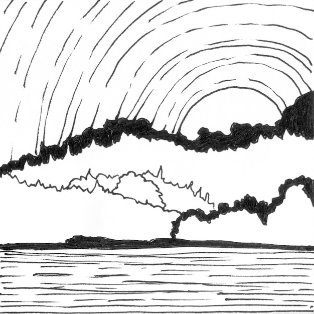 Mountain lake hand drawn ink landscape Abstract cartoon black and white paint water trees clouds sun