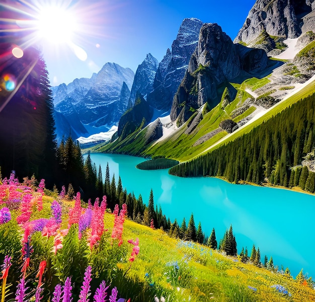 Foto un lago di montagna è circondato da montagne e da una catena montuosa.