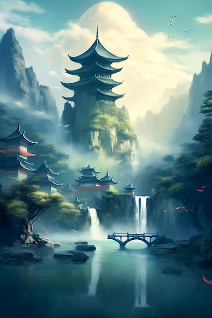 Горный и озерный пейзаж Китайский фон традиционный восточный минималистичный японский стиль