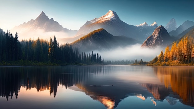 Mountain lake in the morning with fog and coniferous forest