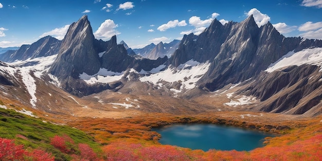 A mountain lake in the mountains with a blue lake in the middle.