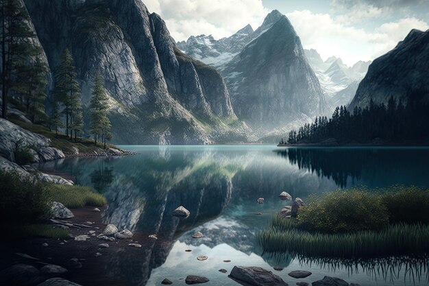 Горное озеро природа пейзаж фон лес путешествие отражение пейзаж панорама вид Генеративный AI