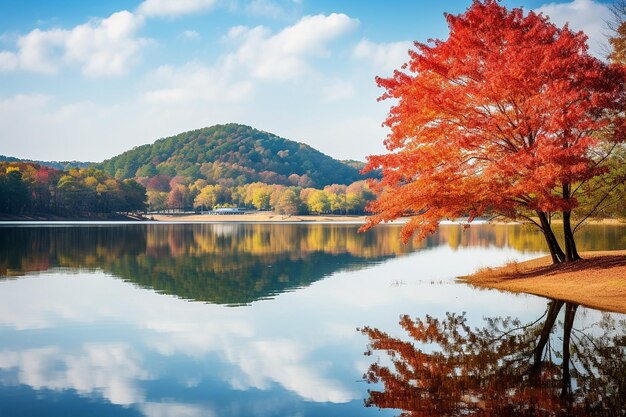 Горное озеро, отражающее цветы осени