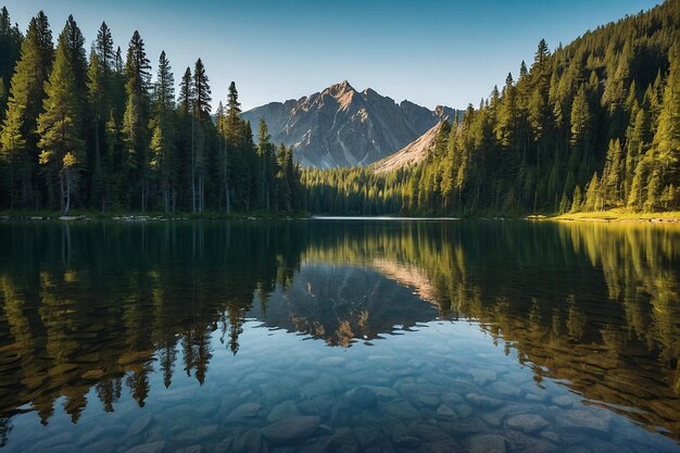 Photo mountain lake reflecting the greenery of pine trees