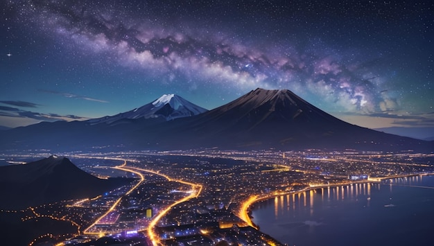 Mountain and lake scenery with a beautiful purple galaxy sky background