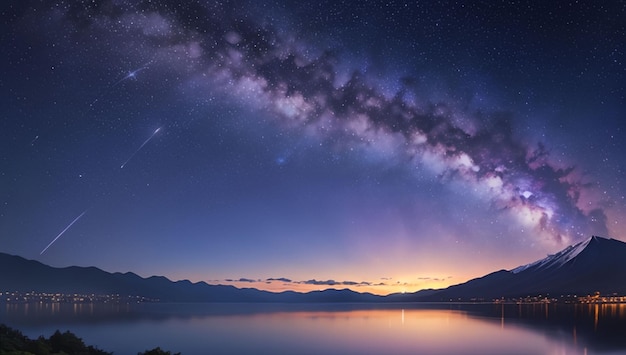 Mountain and lake scenery with a beautiful purple galaxy sky background