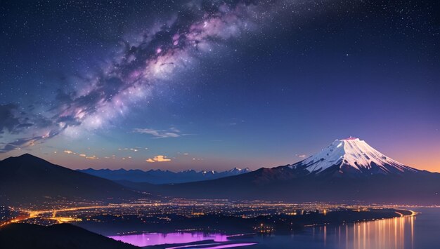 Mountain and lake scenery with a beautiful purple galaxy sky background