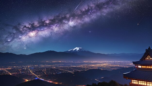 Photo mountain and lake scenery with a beautiful purple galaxy sky background