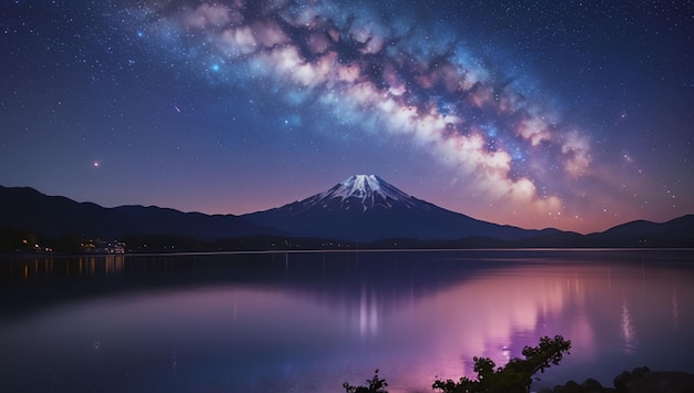 Mountain and lake scenery with a beautiful purple galaxy sky background