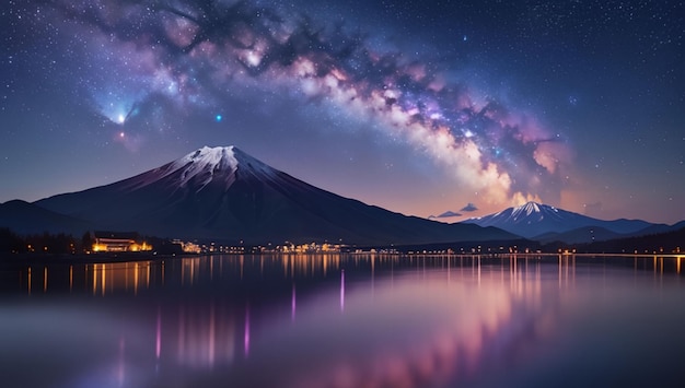 山と湖の風景と美しい紫の銀河の空の背景